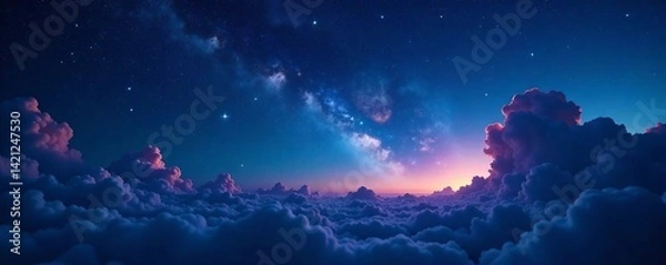 Fototapeta Stunning twilight sky with colorful clouds and twinkling stars above the horizon.