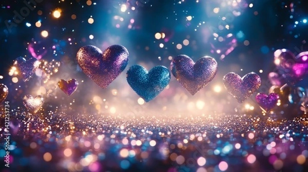 Fototapeta A vibrant abstract background filled with sparkling scattered purple, blue, and pink heart shapes on a deep blue backdrop, representing love, unity, and celebration of perfect for Valentine's Day