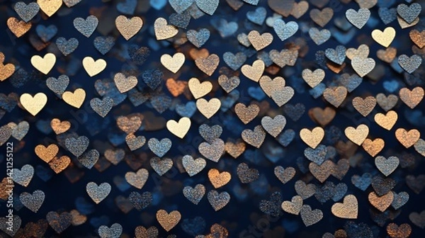Fototapeta A vibrant abstract background filled with sparkling scattered purple, blue, and pink heart shapes on a deep blue backdrop, representing love, unity, and celebration of perfect for Valentine's Day