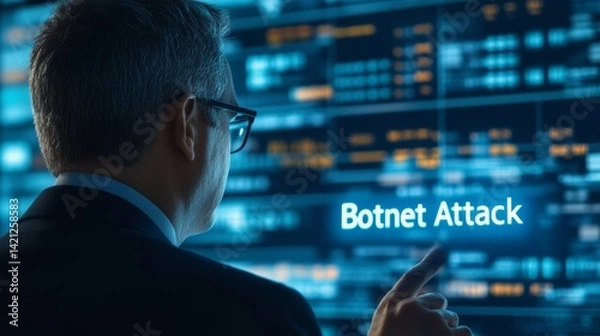 Fototapeta Cybersecurity Professional Analyzing Botnet Attack on Holographic Interface, Network Security Threat