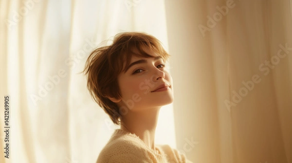Fototapeta A thoughtful woman with short hair and a gentle smile gazes off to the side in a bright space, expressing tranquility, mindfulness, and effortless grace relaxed pose, serene expres