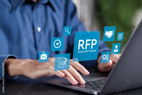 Fototapeta Request for Proposal (RFP) concept. Offers from vendors to select the best company for supplying products or services. Businessman using laptop with RFP icon on virtual screen.
