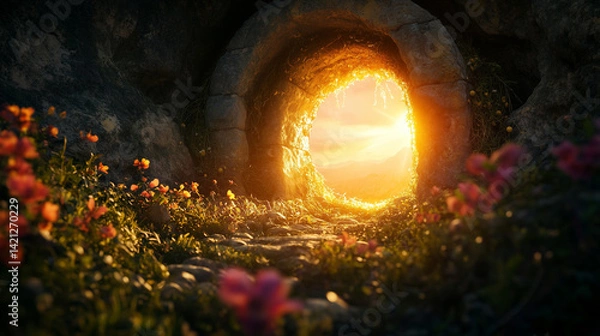 Obraz A sunlit, open stone tomb with a rolled-away stone and glowing interior, evoking themes of resurrection, new life, and the triumph of light over darkness in Christian belief resurr