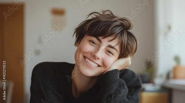 Obraz A happy woman with short hair rests her head on her arm while smiling warmly in a bright, minimalist space, embodying calm happiness and friendly openness friendly portrait, casual