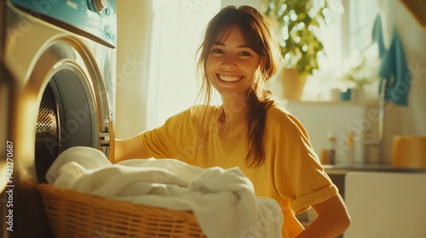 Obraz A smiling woman in casual homewear places linens into a washing machine, bathed in natural light, representing a peaceful and productive moment in home care laundry day, relaxing h