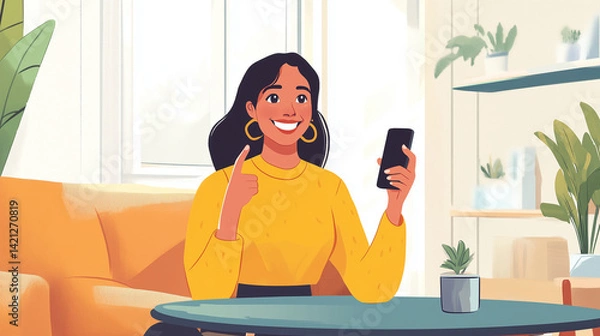 Obraz A cheerful woman sitting at a coffee table in a bright living room smiles while holding a smartphone and raising her index finger, suggesting a helpful tip or new idea woman with s