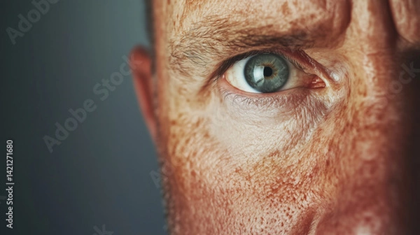 Fototapeta A man examines his skin with concern, highlighting facial pigmentation issues, sun damage, or age-related skin conditions in a clinical or skincare context male skin analysis, faci