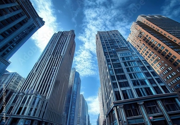 Fototapeta Modern cityscape with tall skyscrapers and blue sky, wide-angle low-angle view of business buildings in urban center