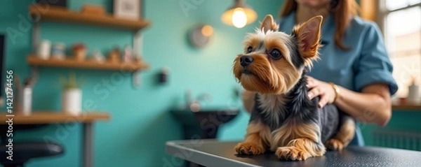 Obraz A small dog receives a grooming session in a cozy, stylish pet salon.