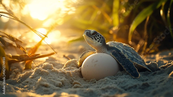 Fototapeta A dramatic and heartwarming image of a baby sea turtle halfway out of its egg, stretching its flippers for the first time. 