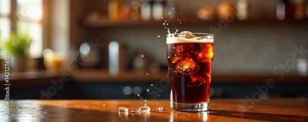 Fototapeta Refreshing glass of cola with ice cubes splashing in a cozy kitchen setting.