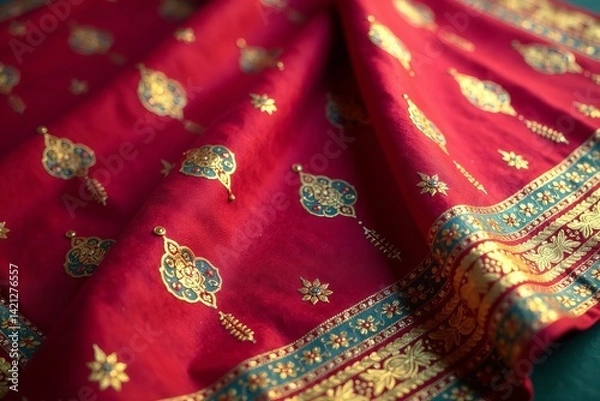 Fototapeta Vibrant red fabric featuring intricate gold patterns and traditional designs.