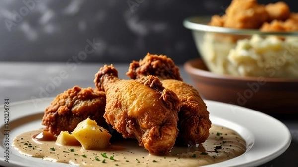 Fototapeta Delicious fried chicken served with gravy and mashed potatoes on white plate. Crunchy, golden brown breaded meat with gravy sauce and potato mash meal.