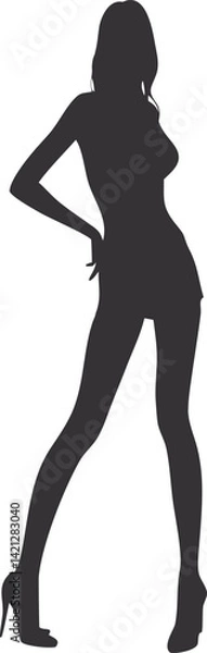 Fototapeta Vector illustration of a black silhouette shows a standing woman, a lady with a fashionable pose, a beauty in art
