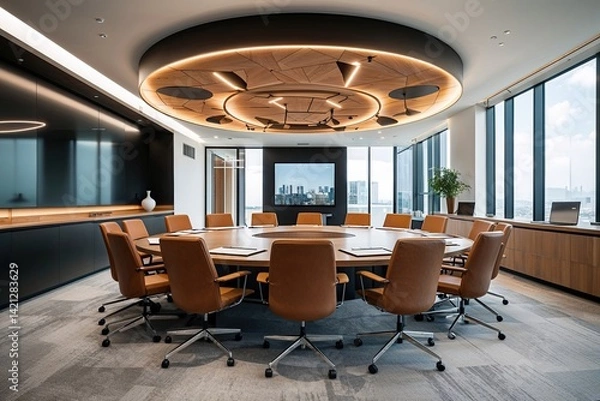 Fototapeta Modern Office Design Featuring Round Conference Table and Stylish Workstation Area