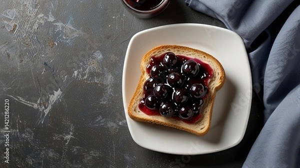 Fototapeta Slice of toast with blueberry jam on white background. Delicious breakfast snack. Sweet fruit dessert with bread and berries.