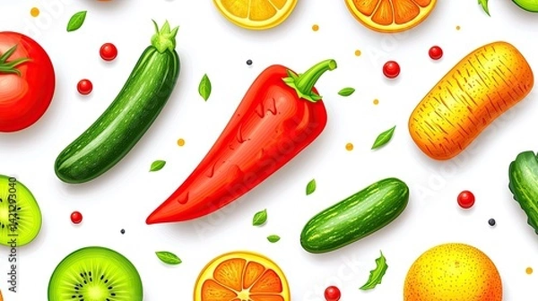 Fototapeta Vibrant and Colorful Fresh Fruits and Vegetables Seamless Pattern Background