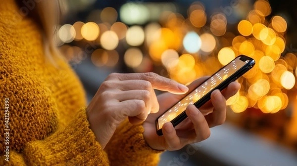 Obraz Person using a smartphone at night with blurred lights