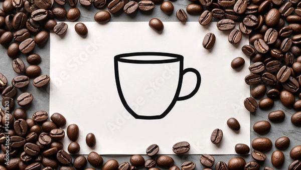 Fototapeta graphic concept of coffee with white sheet of paper and sketch of espresso cup and coffee beans, mix media image for coffee lovers