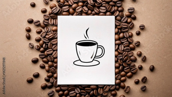 Fototapeta graphic concept of coffee with white sheet of paper and sketch of espresso cup and coffee beans, mix media image for coffee lovers