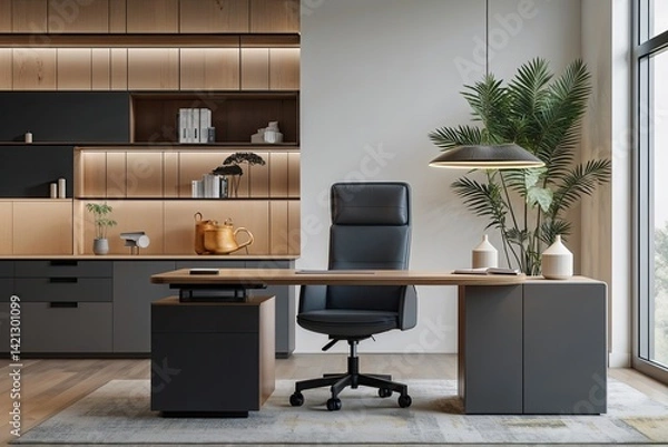 Obraz Modern 3D Design of a Contemporary Office Setup with Desk, Chair, and Work Table