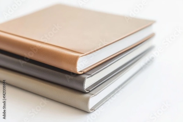 Fototapeta Three hardcover books stacked, showcasing elegant neutral tones and textures.