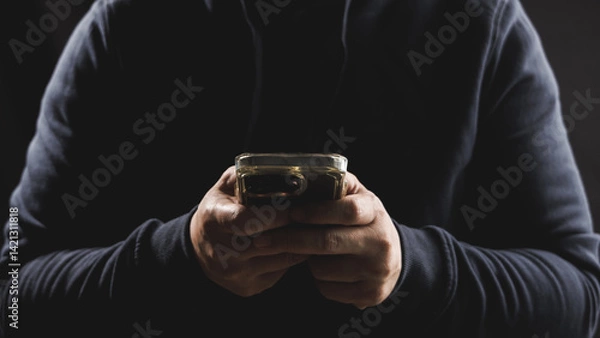 Obraz Man hand using smartphone in dark and moody tone. Concept of cybersecurity technology.