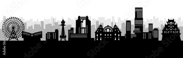 Obraz 高層ビルと城のある日本の街並みのシルエット、大阪（モノクロ）