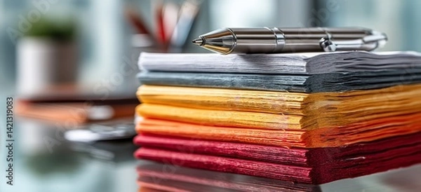 Fototapeta Office Glass Table with Stack of Papers and Pens – Close-Up Workspace with Light Orange and White Color Theme