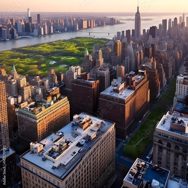Fototapeta Rooftop view of New York City bathed in golden hour spring light, with lush green pockets and classic facades