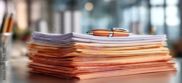Fototapeta Office Glass Table with Stack of Papers and Pens – Close-Up Workspace with Light Orange and White Color Theme