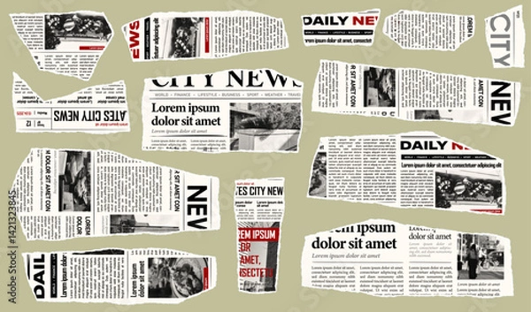 Obraz Trendy torn newspaper pieces. Collage halftone elements. Jagged edges. Old paper clipping set. Vintage grunge style concept. Isolated background. Trendy design template. Vector illustration