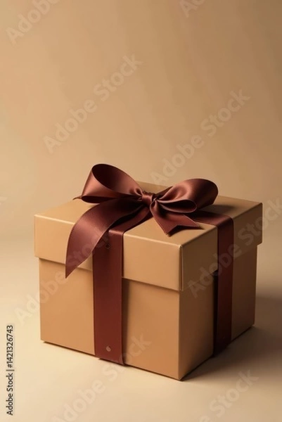 Fototapeta Square brown box, brown ribbon bow, simple elegant design , rustic, square, brown