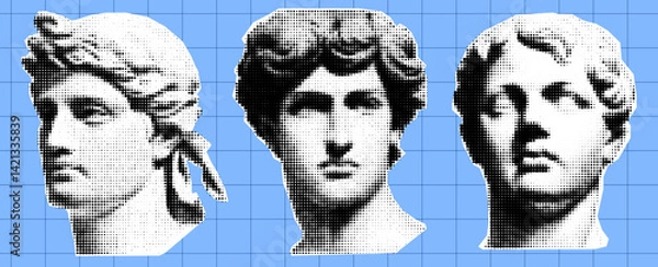 Fototapeta Greek statue heads for collage with halftone effect for modern art and design projects. Isolated at the blue bg. Vector elements. Checkered background.
