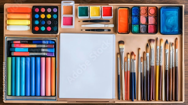 Fototapeta Top-down view of painter kit with art brushes, vibrant paints, and sketch pads on wooden table, arranged with care to reflect creativity, organization, artistic workspace style.