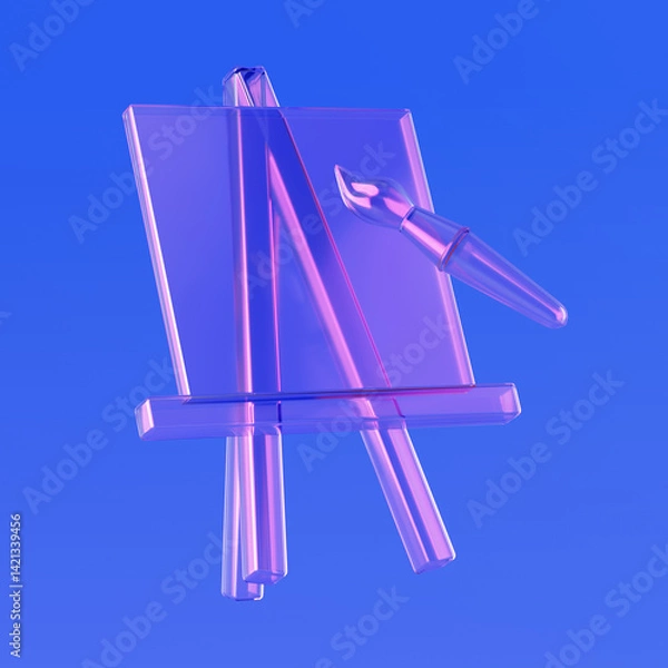 Fototapeta Transparent Glass Artist Paintbrush with Easel Icon with Iridescent Highlights. 3d Rendering