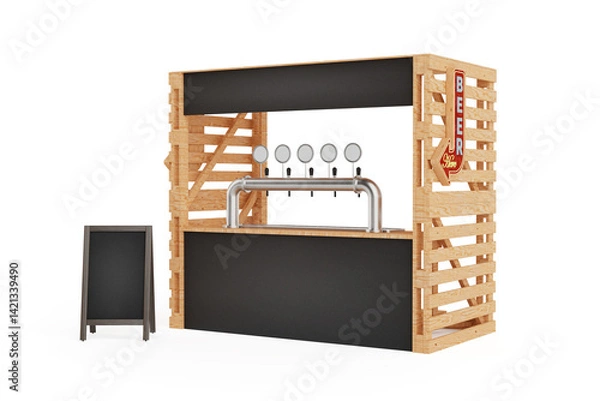 Fototapeta Rustic Vibe Inviting Street Bar Setup. Wooden Beer Booth with Metal Taps and Blank Signage. 3d Rendering
