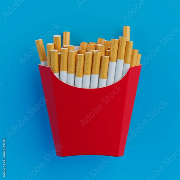 Fototapeta Provocative Anti Smoking Concept, Shocking Unhealthy Habits Visual. Cigarettes Arranged Inside Red Fries Box. 3d Rendering