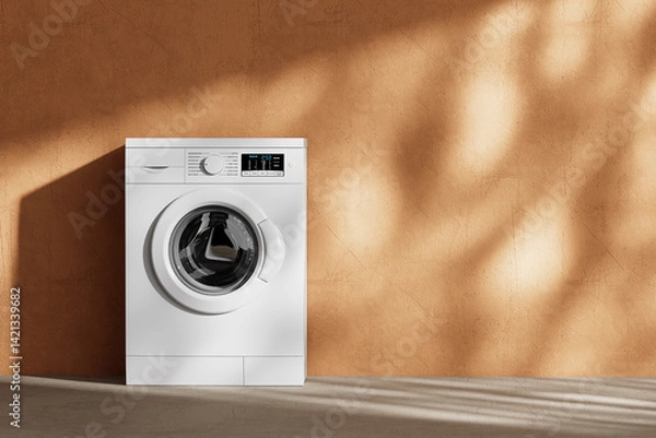 Fototapeta Minimalist White Modern Washing Machine on Textured Warm Wall Background with Sunlight and Soft Shadows. 3d Rendering