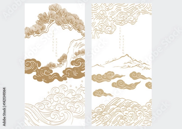 Fototapeta Japanese background with mountain, chinese cloud and bonsai tree pattern vector. Abstract template with geometric wave pattern. Cultue layout design in oriental style