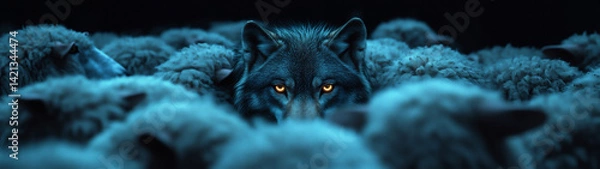 Obraz Wolf Among Sheep with Glowing Eyes in Dark Atmosphere. GEnerative AI