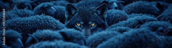 Obraz Wolf Among Sheep with Glowing Eyes in Dark Atmosphere. GEnerative AI