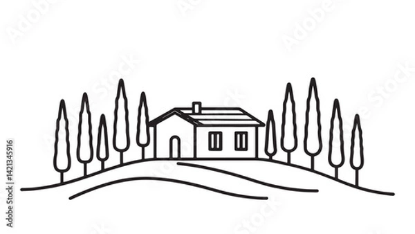 Fototapeta Scenic view of an Italian countryside with cypress trees surrounding a charming house line art flat vector illustration