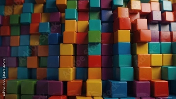 Fototapeta Stack of perfectly misaligned colored cubes. Abstract metaphor for individuality, disruption, or breaking patterns. Copy space. 