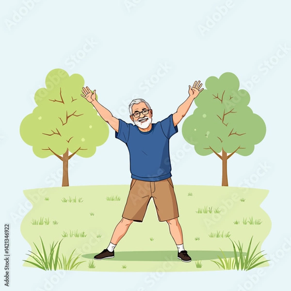 Fototapeta A joyful elderly man practices yoga on a bright green meadow, for symbolizing active longevity