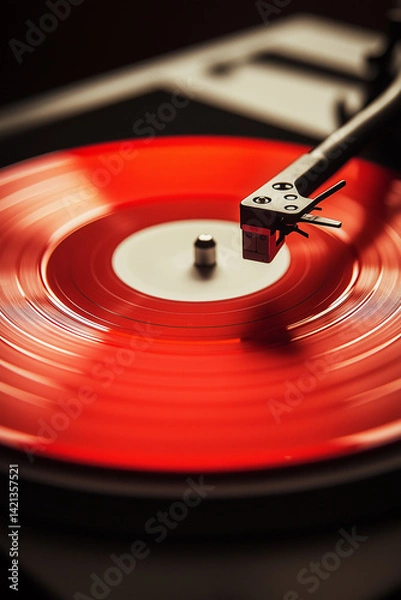 Fototapeta a red vinyl record lies on a record player - generative ai