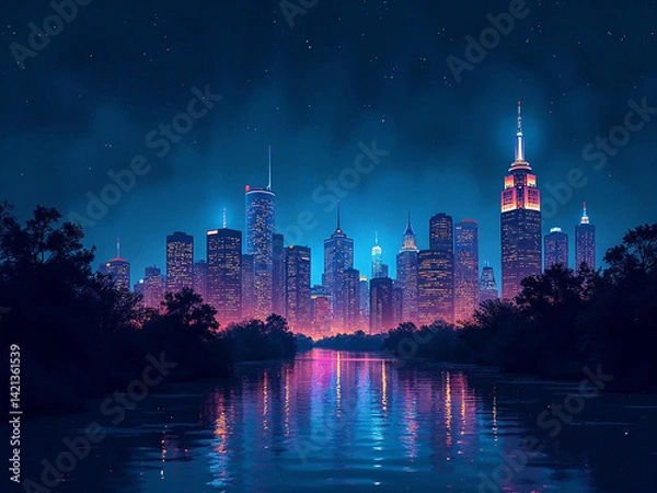 Obraz Neon Cityscape at Dusk Futuristic Urban Skyline with Reflective Water and Starry Night