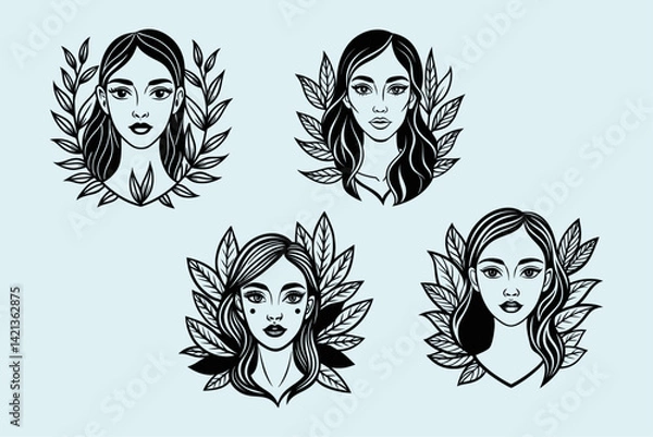 Fototapeta Minimalist line art drawing of a woman's face with abstract floral elements.