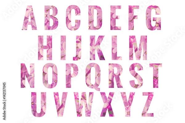Fototapeta Abc Lilac flowers Alphabet letters isolated on white background. Design - element.