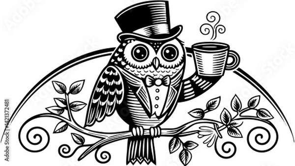 Obraz Elegant Owl with Coffee Cup in Top Hat